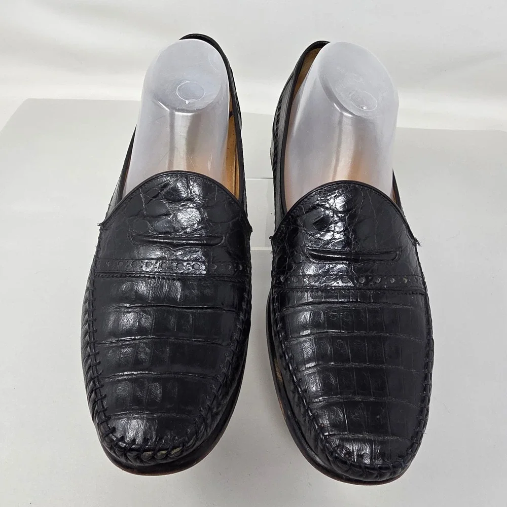 David Eden Loafers Mens 9 Black Crocodile Leather Exotic Penny Moccasin Good